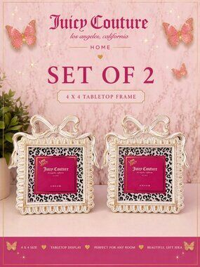 Juicy Couture Bow Picture Frame 4x4 White Gold Set of 2 NEW Tabletop Display